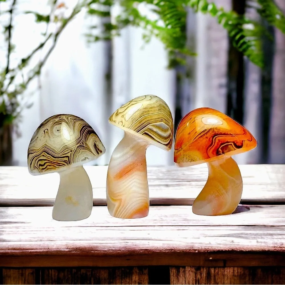 Agate SET Artisan Hand Carved Luminous Mushroom Crystal Trio UNIQUE